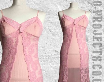 Vintage 1960s, pink lace trim slip dress lingerie, Neatawear London, pleated fabric, grunge, boudoir, pin up, boho, festival, prairie, 8-12