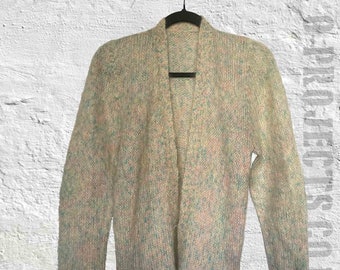 Vintage Hand gestrickte Mohair Strickjacke, Pastel meliert, lose Masche, formlos, offene Front, boho, prairie, Hippie, Folk, Grunge, 6,8,10,12