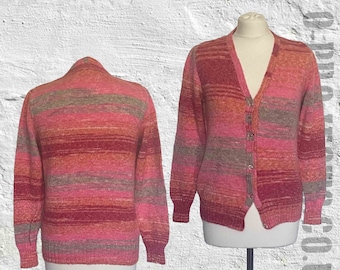 Vintage hand knitted, pink striped space dye wool, v neck button front cardigan, boho, hippie, grunge, pop punk, festival, granny, S/M