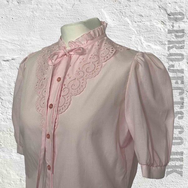 Vintage 1970s pretty pink broderie blouse, tie ruffle neck, bow, embroidered, secretary, preppy, Victorian, rockabilly, boho, mad men, 8-14?