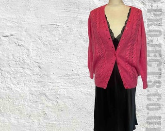 Hand knitted pink, cable stitch, pretty cardigan, vintage v neck, raglan, coquette, boho, hippie, preppy, granny, grunge, punk, 8- 12?