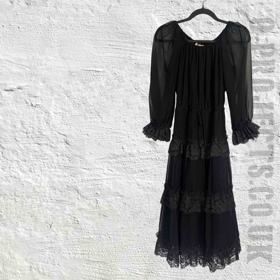 Gorgeous vintage 1970s black chiffon dress, lace … - image 5