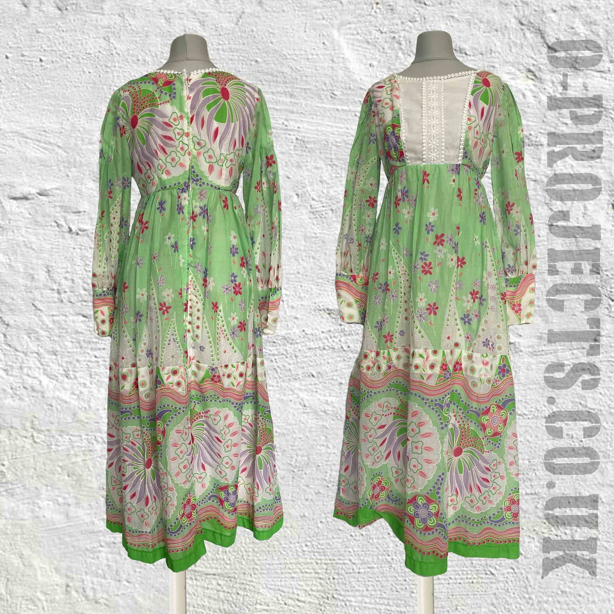 Vintage 1970s, prairie boho long dress, home made, green print, white bib, daisy trim, bobble trim, lined, hippie festival, 6/8/10?