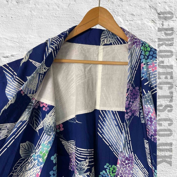 Vintage 1990s long kimono, cotton base, blue flor… - image 5