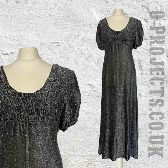 1970s vintage maxi dress, empire line, grey silve… - image 3