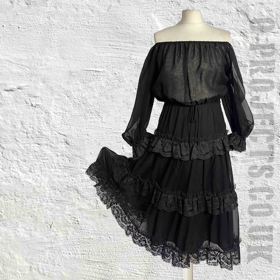 Gorgeous vintage 1970s black chiffon dress, lace … - image 3
