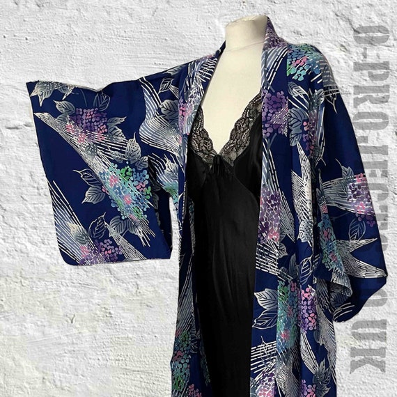 Vintage 1990s long kimono, cotton base, blue flor… - image 2