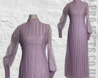 Vintage 1970s, lilac pink lace dress, long, empire line, home made, column, lined, sheer sleeves, Bridgerton, boho, pretty, prairie, 6,8,10?