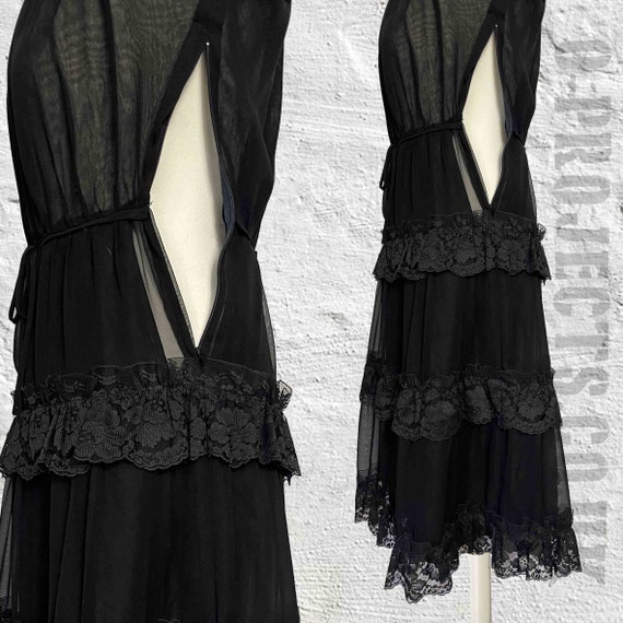 Gorgeous vintage 1970s black chiffon dress, lace … - image 9