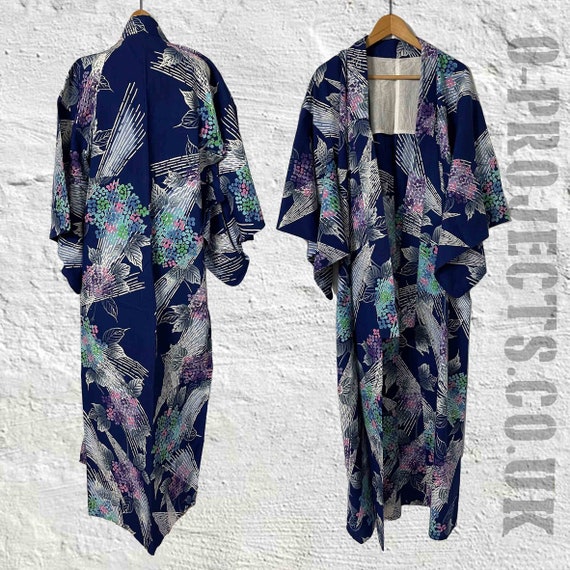 Vintage 1990s long kimono, cotton base, blue flor… - image 1