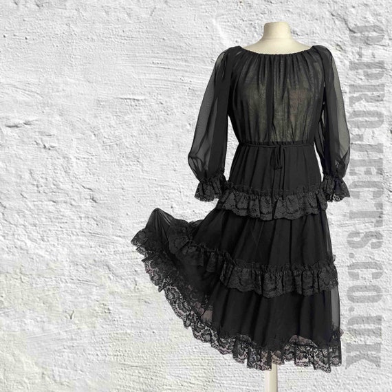 Gorgeous vintage 1970s black chiffon dress, lace … - image 2