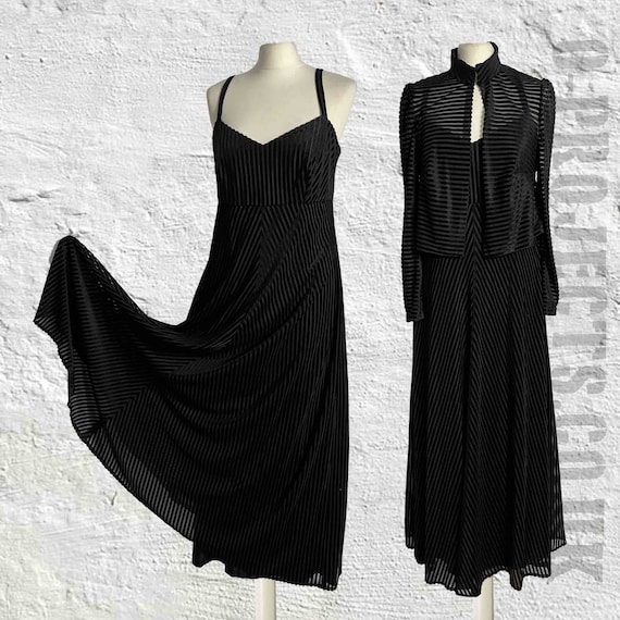 Vintage 1970s black velvet sheer stripe slip dres… - image 1
