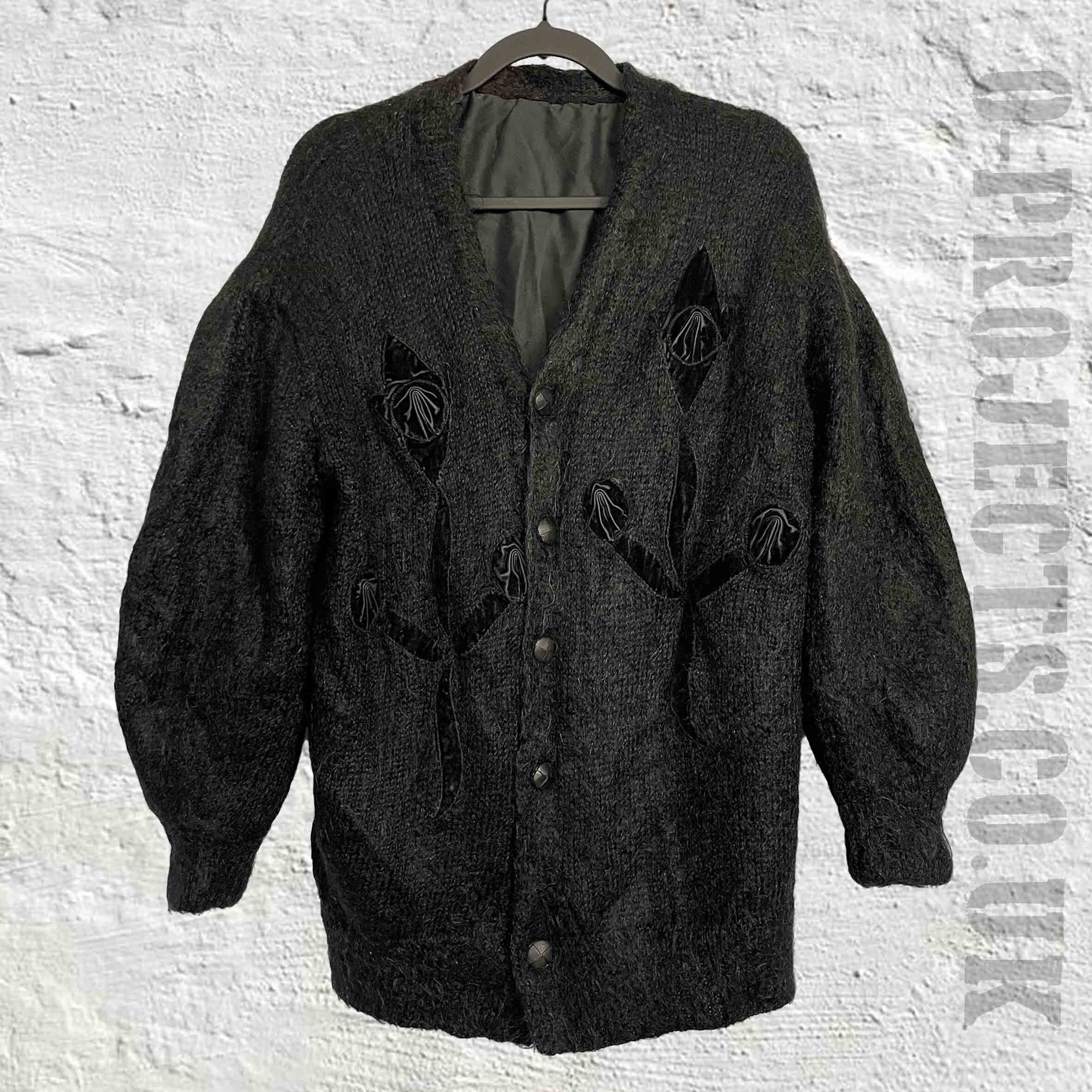 日本初の 1980s Vintage Hand Velvet Cardigan, Mohair Black Knit トップス