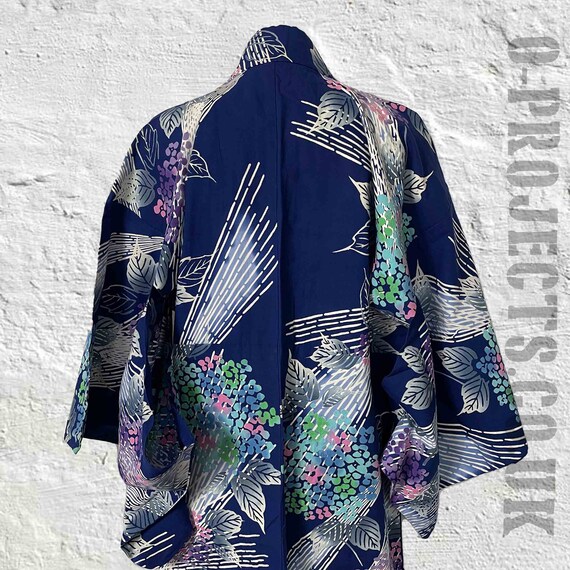 Vintage 1990s long kimono, cotton base, blue flor… - image 9