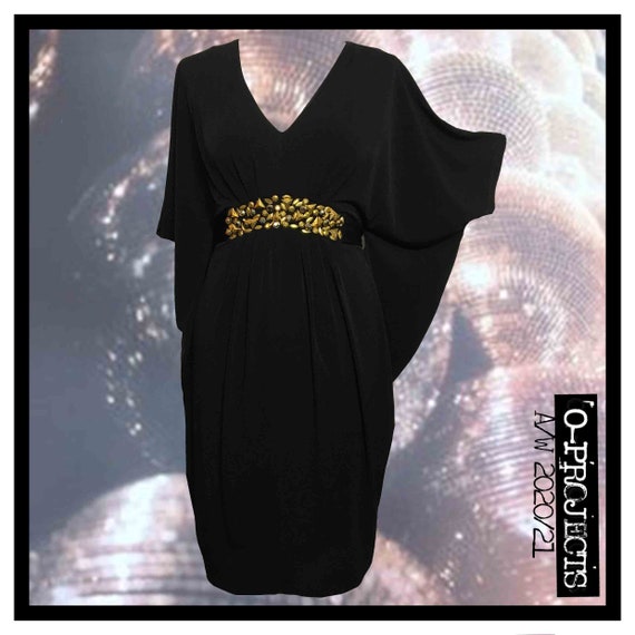 Biba, Black, V-neck, Drape, Embellished Dress, Siz