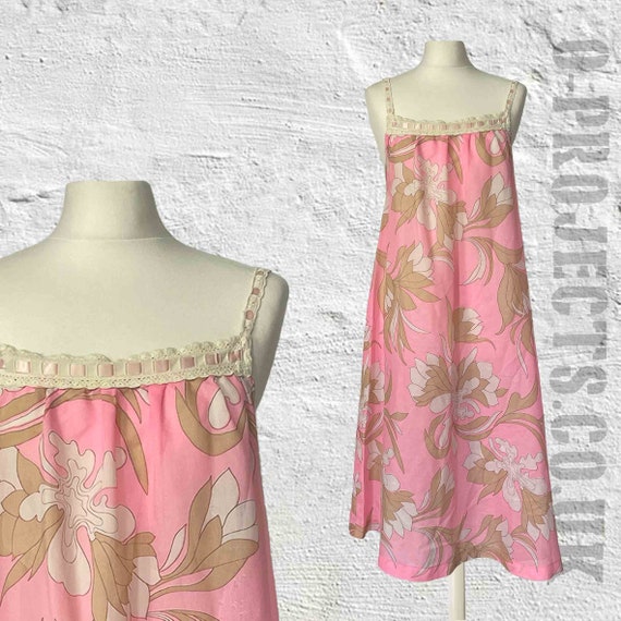 1960s vintage floral slip, night dress, pretty pi… - image 1