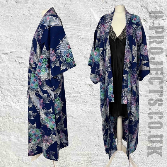 Vintage 1990s long kimono, cotton base, blue flor… - image 3
