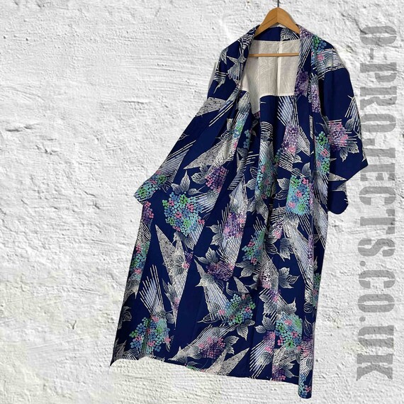 Vintage 1990s long kimono, cotton base, blue flor… - image 8