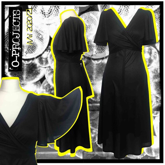 Black, 70's, wrap, angel sleeve, dress