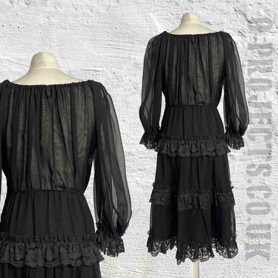 Gorgeous vintage 1970s black chiffon dress, lace … - image 6