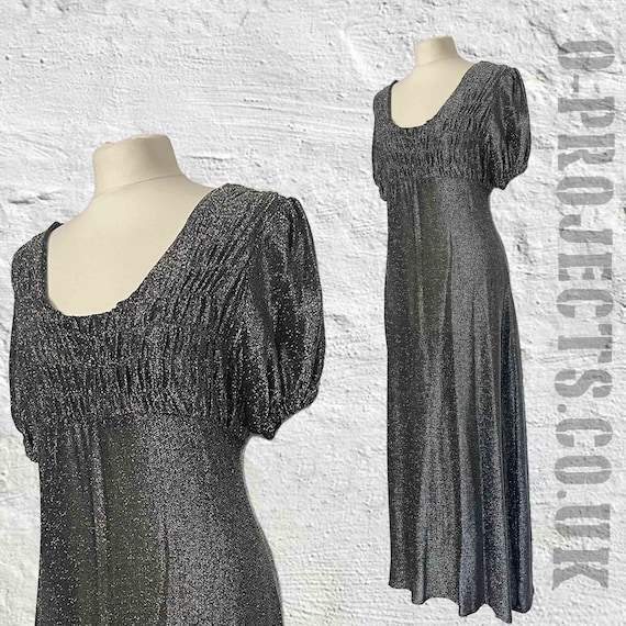 1970s vintage maxi dress, empire line, grey silve… - image 1