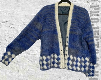 Hand knit, vintage, checkerboard cardigan, fluffy mohair wool, blue/grey/cream, boxy, indie, grunge, lined, boho, festival, indie, 8-14