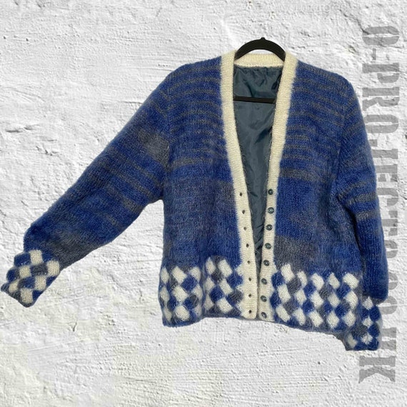 Hand Knit Vintage Checkerboard Cardigan Fluffy Mohair Wool - Etsy