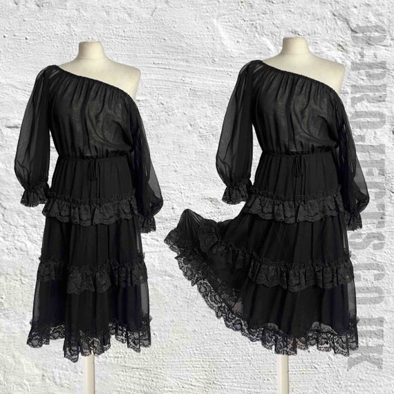 Gorgeous vintage 1970s black chiffon dress, lace … - image 4