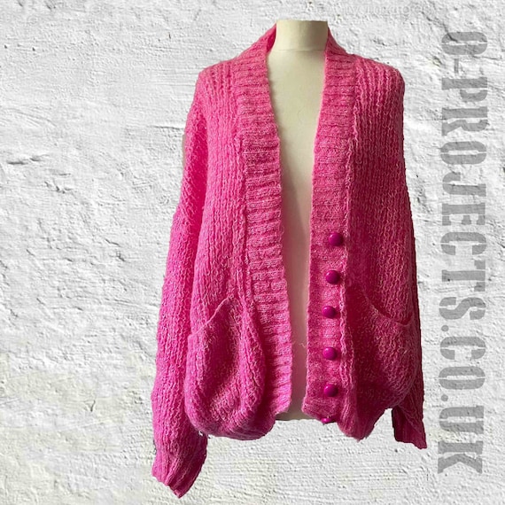Vintage 1990s Hand Knitted Cardigan Bright Pink Grunge Holey