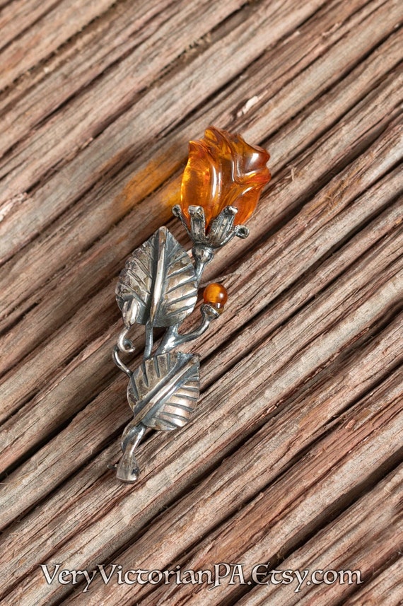 Amber & Sterling Silver Rose Brooch Pin