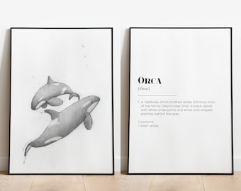 Orca Whale Drawing & Definition | 2-part poster set | killer whale | Nursery | Office | living room | gift | black-and-white