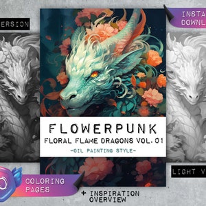 Könnte beinhalten: Ein digitales Malbuch mit einem blauen und grünen Drachen mit floralen Akzenten. Der Titel des Buches lautet "FLOWERPUNK: FLORAL FLAME DRAGONS VOL. 01 -OIL PAINTING STYLE-". Das Buch enthält 20 Malvorlagen und einen Inspirationsüberblick.