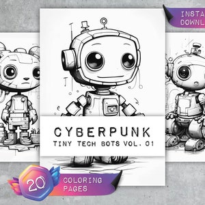 Könnte beinhalten: Ein Set mit 20 Schwarzweiß-Malvorlagen mit niedlichen, stilisierten Robotern im Cyberpunk-Stil. Der Titel des Sets lautet "Cyberpunk Tiny Tech Bots Vol. 01".