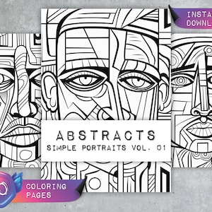 Może przedstawiać: Czarno-białe strony do kolorowania przedstawiające abstrakcyjne geometryczne portrety. Tytuł książki do kolorowania to "Abstracts Simple Portraits Vol. 01" i zawiera 20 stron.