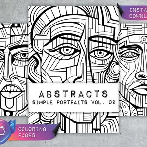 Może przedstawiać: Zestaw 20 czarno-białych stron do kolorowania przedstawiających abstrakcyjne geometryczne portrety. Tytuł zestawu to "Abstracts Simple Portraits Vol. 02".