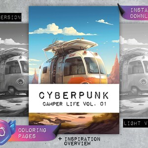 Cyberpunk Camper Life Vol 01 Coloring Pages | Futuristic Camper Van Caravan | Greyscale | Coloring Book Adults | Digital Download PDF