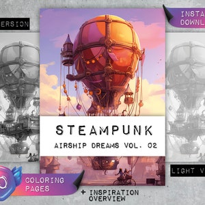 Coloring Pages &quot;Steampunk Airship Dreams Vol. 02&quot; | Greyscale | Coloring Book Adults | Relaxation & Stress Relief | Instant Download PDF