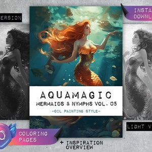 Coloring Pages &quot;Aqua Magic Mermaids & Nymphs Vol. 05&quot; | Woman in oil painting style | Coloring Book Adults | Greyscale Instant Download PDF