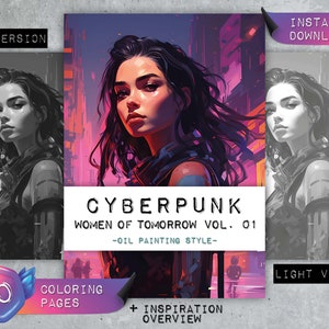 Coloring Pages &quot;Cyberpunk Women Of Tomorrow Vol. 01&quot; | Woman in oil painting style | Greyscale | Coloring Book Adults | Instant Download PDF