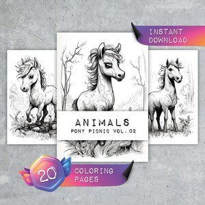 Könnte beinhalten: Ein Set mit 20 Malvorlagen mit Schwarzweiß-Illustrationen von Ponys in einer Waldlandschaft. Der Titel des Malbuches lautet "Animals Pony Picnic Vol. 02".