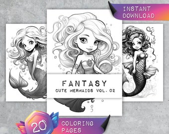 Cute Mermaid Coloring Pages Vol. 02 | 20 Fantasy Greyscale Designs for Kids & Adults | Printable PDF | Instant Digital Download