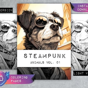 Coloring Pages &quot;Steampunk Animals Vol. 01&quot; | Greyscale | Coloring Book Adults | Relaxation & Stress Relief | Instant Download PDF