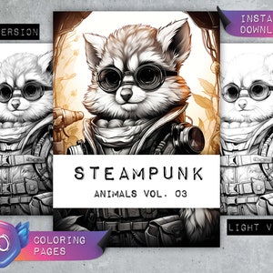Coloring Pages &quot;Steampunk Animals Vol. 03&quot; | Greyscale | Coloring Book Adults | Relaxation & Stress Relief | Instant Download PDF