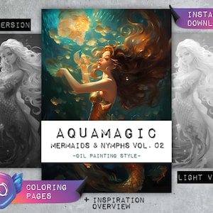 Coloring Pages &quot;Aqua Magic Mermaids & Nymphs Vol. 02&quot; | Woman in oil painting style | Coloring Book Adults | Greyscale Instant Download PDF