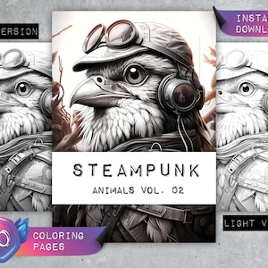 Coloring Pages &quot;Steampunk Animals Vol. 02&quot; | Greyscale | Coloring Book Adults | Relaxation & Stress Relief | Instant Download PDF