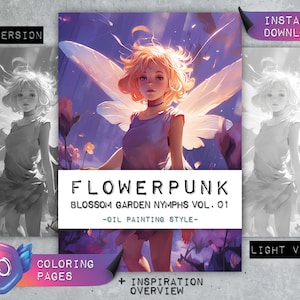 Könnte beinhalten: Ein digitales Malbuch mit einer Fee mit Flügeln, Blumen und einem violetten Hintergrund. Der Titel lautet "FLOWERPUNK BLOSSOM GARDEN NYMPHS VOL. 01 -OIL PAINTING STYLE-". Es enthält 20 Malvorlagen und einen Inspirationsüberblick.