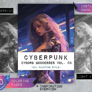 Cyberpunk Cyborg Goddesses Vol. 03 Coloring Pages | Woman in oil painting style | Greyscale | Coloring Book Adults | Digital Download PDF