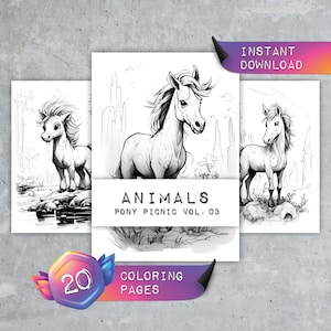 Könnte beinhalten: Schwarz-weiße Malvorlagen mit Ponys in einer Picknick-Szene. Das Cover zeigt den Titel "ANIMALS PONY PICNIC VOL. 03" und den Text "20 MALVORLAGEN".