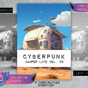 Coloring Pages &quot;Cyberpunk Camper Life Vol. 02&quot; | Futuristic Camper Van Caravan | Greyscale | Coloring Book Adults | Digital Download PDF