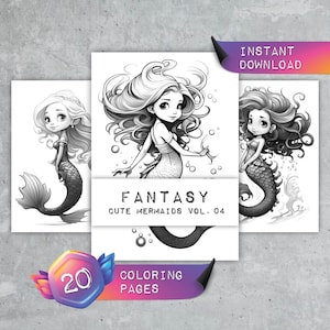 Coloring Pages &quot;Cute Mermaids Vol. 4&quot; | 20 Grayscale Designs as PDF | Coloring Pages for Kids & Adults
